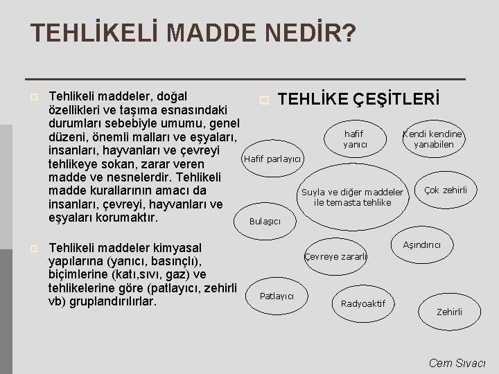 TEHLİKELİ MADDE NEDİR? p p Tehlikeli maddeler, doğal özellikleri ve taşıma esnasındaki durumları sebebiyle