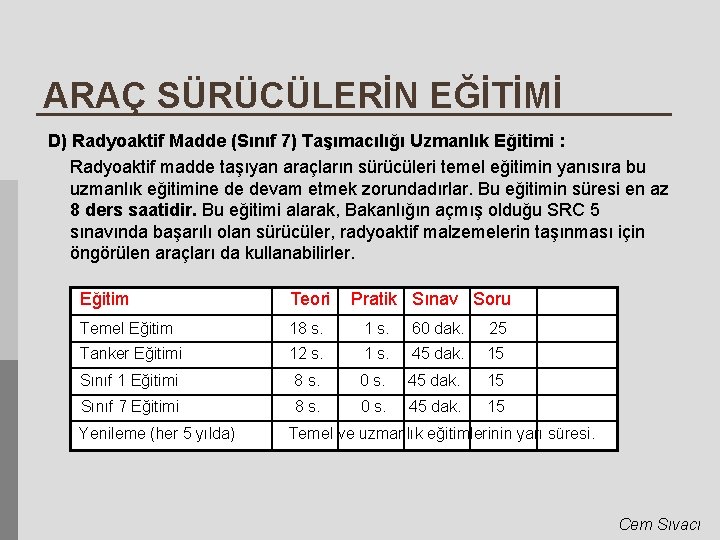 ARAÇ SÜRÜCÜLERİN EĞİTİMİ D) Radyoaktif Madde (Sınıf 7) Taşımacılığı Uzmanlık Eğitimi : Radyoaktif madde