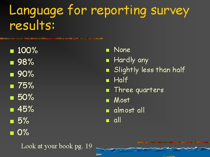 Language for reporting survey results: n n n n 100% 98% 90% 75% 50%