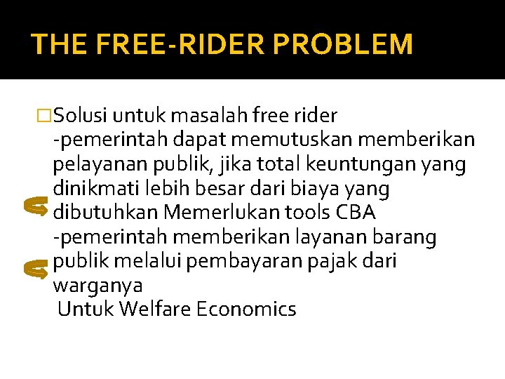 THE FREE-RIDER PROBLEM �Solusi untuk masalah free rider -pemerintah dapat memutuskan memberikan pelayanan publik,