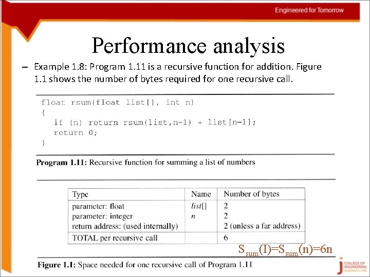 Performance analysis – Example 1. 8: Program 1. 11 is a recursive function for