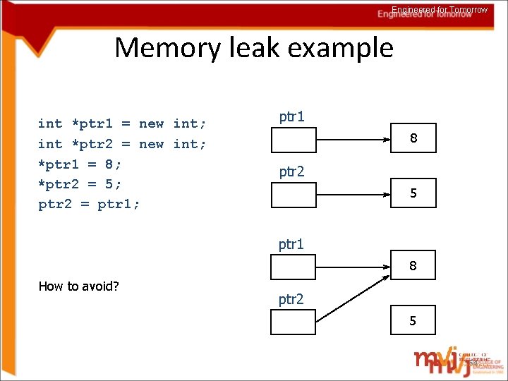 Engineered for Tomorrow Memory leak example int *ptr 1 = new int; int *ptr