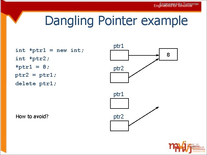 Engineered for Tomorrow Dangling Pointer example int *ptr 1 = new int; int *ptr