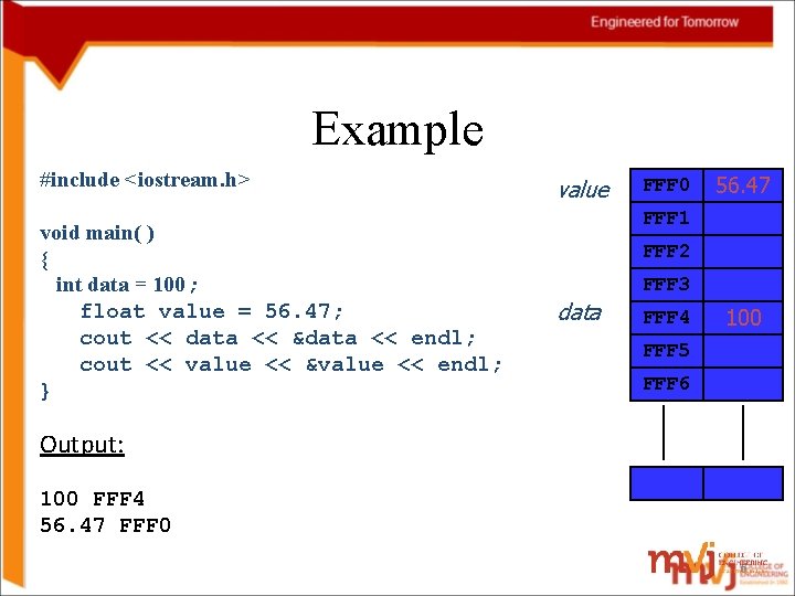 Example #include <iostream. h> void main( ) { int data = 100; float value