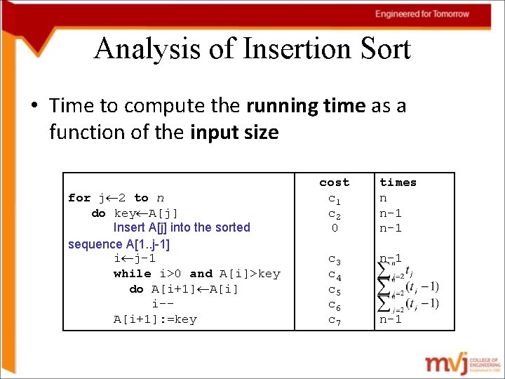 Analysis of Insertion Sort • Time to compute the running time as a function