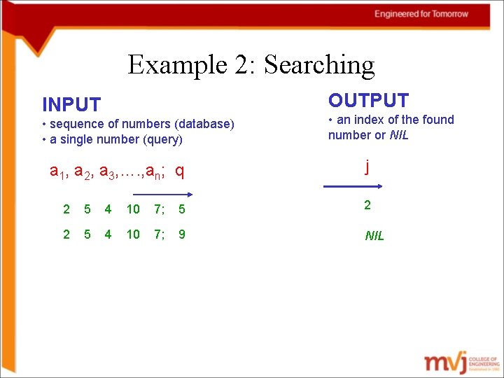 Example 2: Searching OUTPUT INPUT • sequence of numbers (database) • a single number