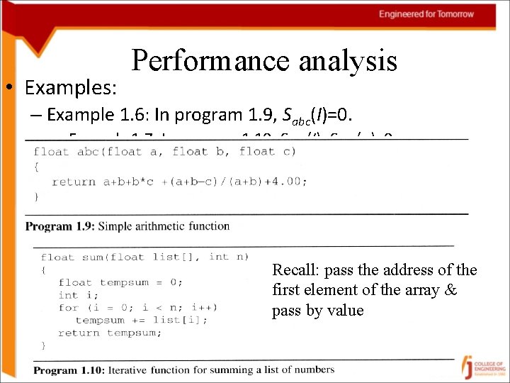  • Examples: Performance analysis – Example 1. 6: In program 1. 9, Sabc(I)=0.