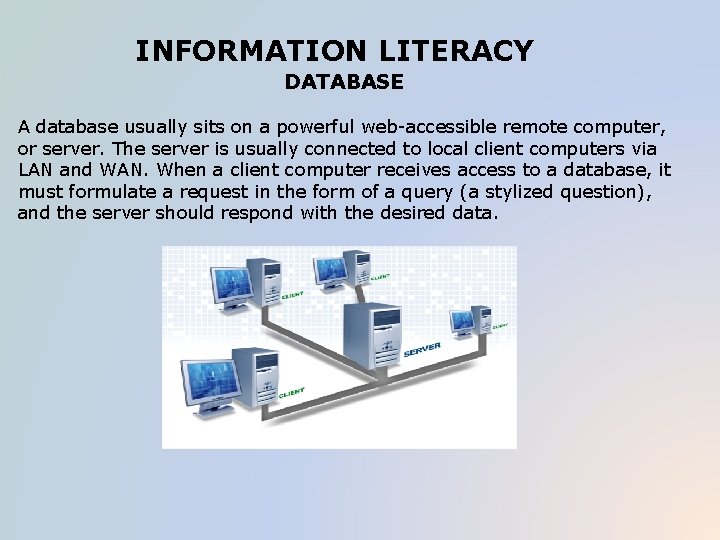 INFORMATION LITERACY DATABASE A database usually sits on a powerful web-accessible remote computer, or