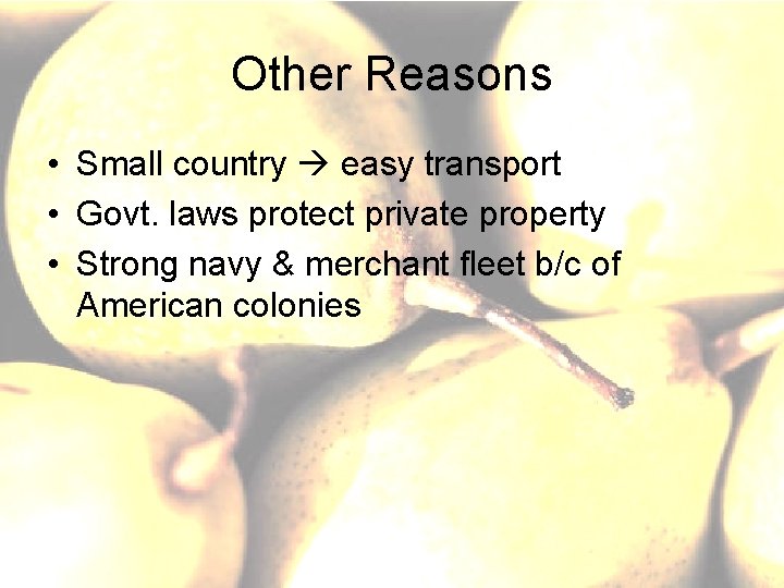 Other Reasons • Small country easy transport • Govt. laws protect private property •