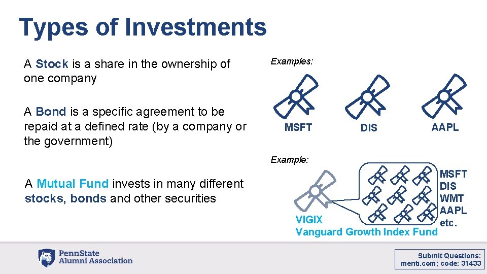 Types of Investments A Stock is a share in the ownership of one company