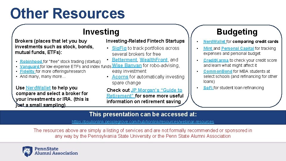 Other Resources Investing Budgeting Investing-Related Fintech Startups • Nerd. Wallet for comparing credit cards