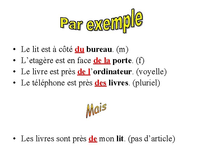  • • Le lit est à côté du bureau. (m) L’etagère est en