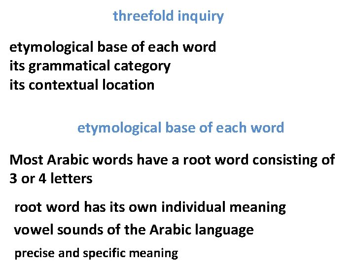 threefold inquiry etymological base of each word its grammatical category its contextual location etymological