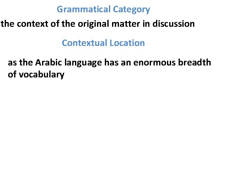 Grammatical Category the context of the original matter in discussion Contextual Location as the