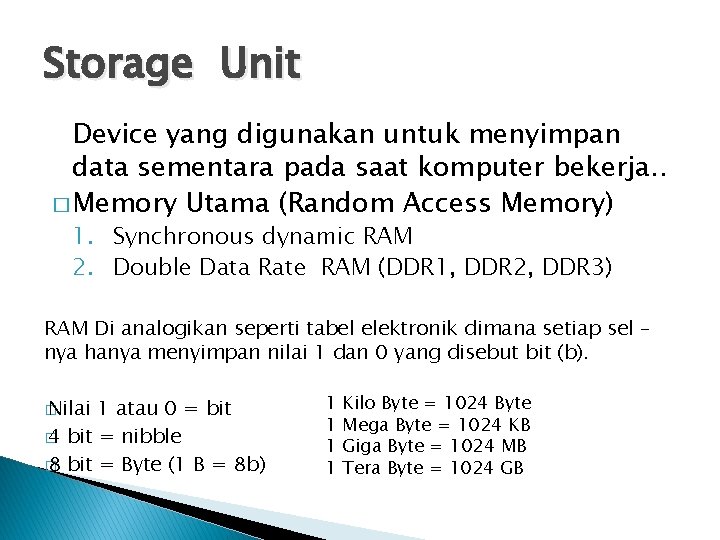 Storage Unit Device yang digunakan untuk menyimpan data sementara pada saat komputer bekerja. .