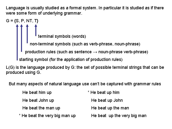 Language is usually studied as a formal system. In particular it is studied as