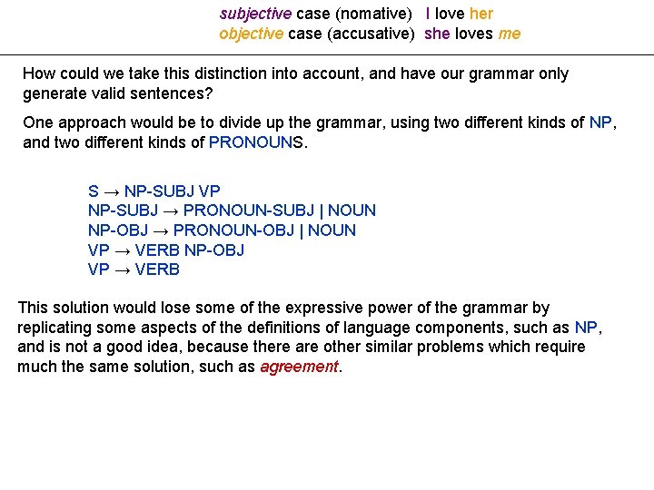 subjective case (nomative) I love her objective case (accusative) she loves me How could