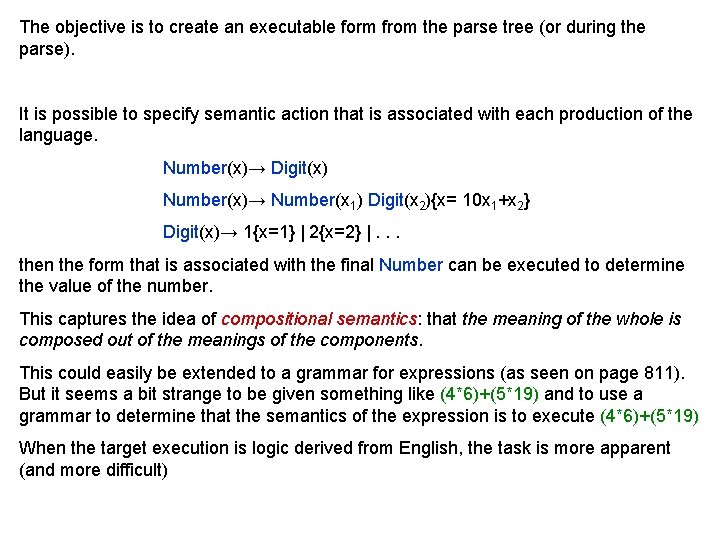 The objective is to create an executable form from the parse tree (or during