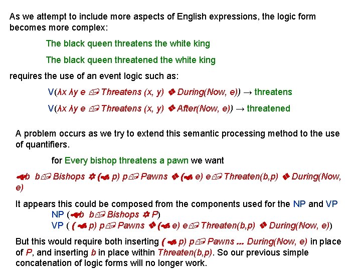 As we attempt to include more aspects of English expressions, the logic form becomes