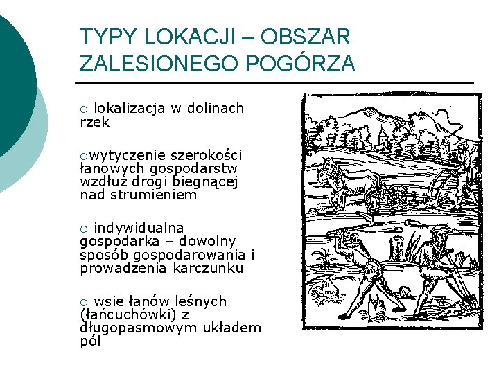 TYPY LOKACJI – OBSZAR ZALESIONEGO POGÓRZA lokalizacja w dolinach rzek ¡ ¡wytyczenie szerokości łanowych