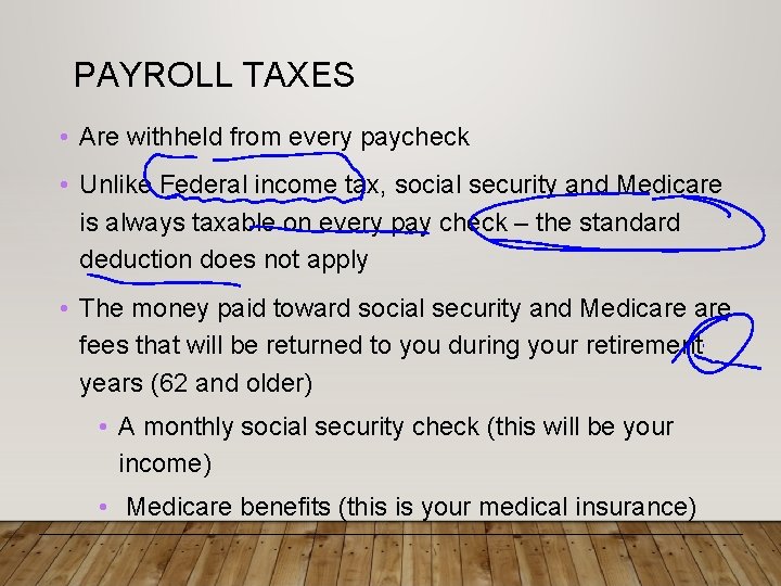 PAYROLL TAXES • Are withheld from every paycheck • Unlike Federal income tax, social