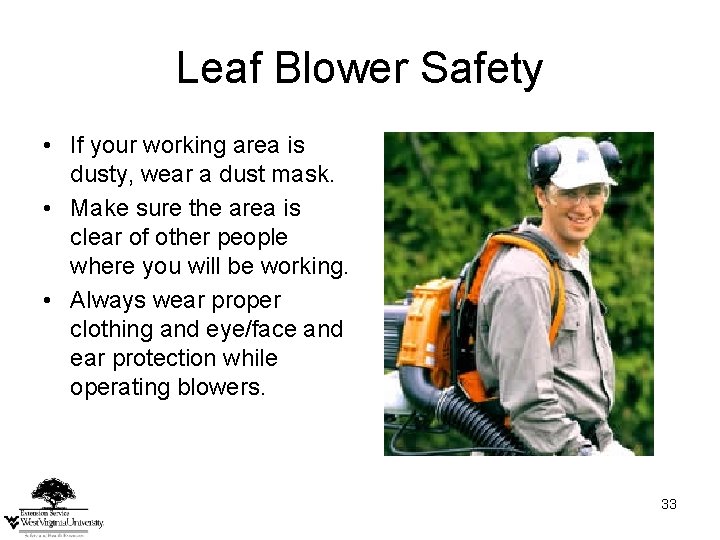 Leaf Blower Safety • If your working area is dusty, wear a dust mask. Leaf Blower Safety • If your working area is dusty, wear a dust mask.