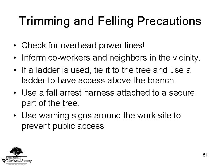 Trimming and Felling Precautions • Check for overhead power lines! • Inform co-workers and