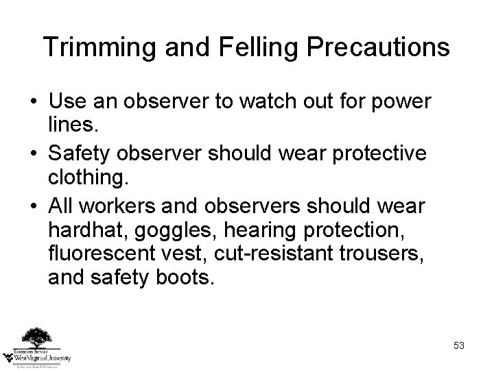 Trimming and Felling Precautions • Use an observer to watch out for power lines. Trimming and Felling Precautions • Use an observer to watch out for power lines.