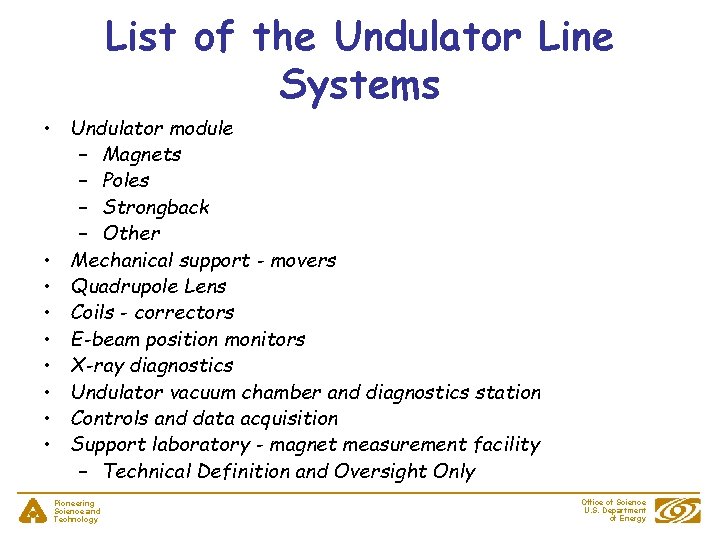 List of the Undulator Line Systems • Undulator module – Magnets – Poles –