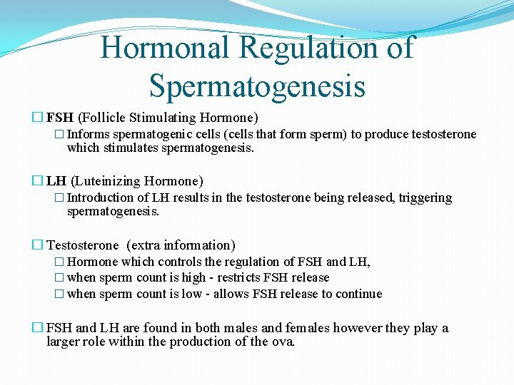 Hormonal Regulation of Spermatogenesis � FSH (Follicle Stimulating Hormone) � Informs spermatogenic cells (cells