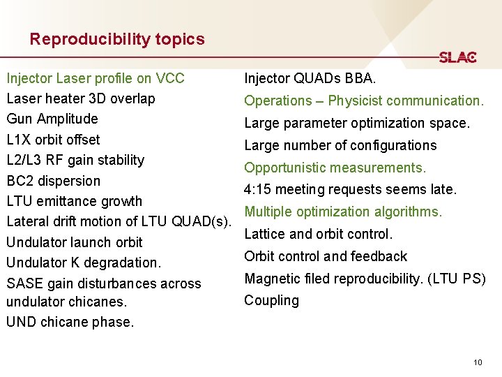 Reproducibility topics Injector Laser profile on VCC Laser heater 3 D overlap Gun Amplitude