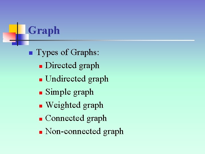 Graph n Types of Graphs: n Directed graph n Undirected graph n Simple graph