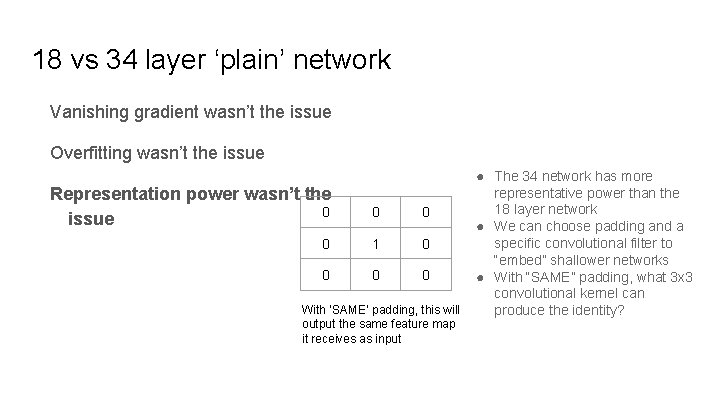 18 vs 34 layer ‘plain’ network Vanishing gradient wasn’t the issue Overfitting wasn’t the