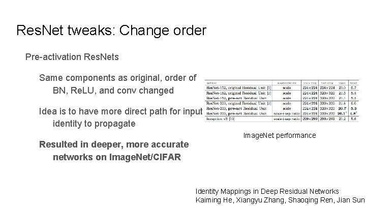 Res. Net tweaks: Change order Pre-activation Res. Nets Same components as original, order of