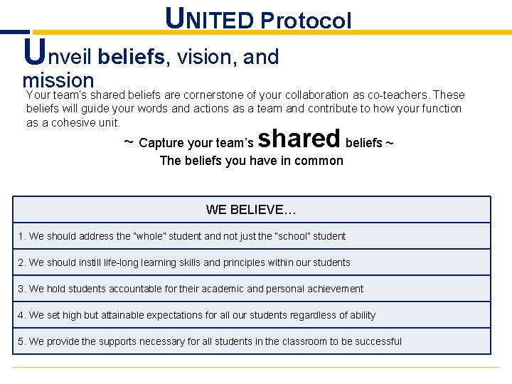 UNITED Protocol Unveil beliefs, vision, and mission Your team’s shared beliefs are cornerstone of