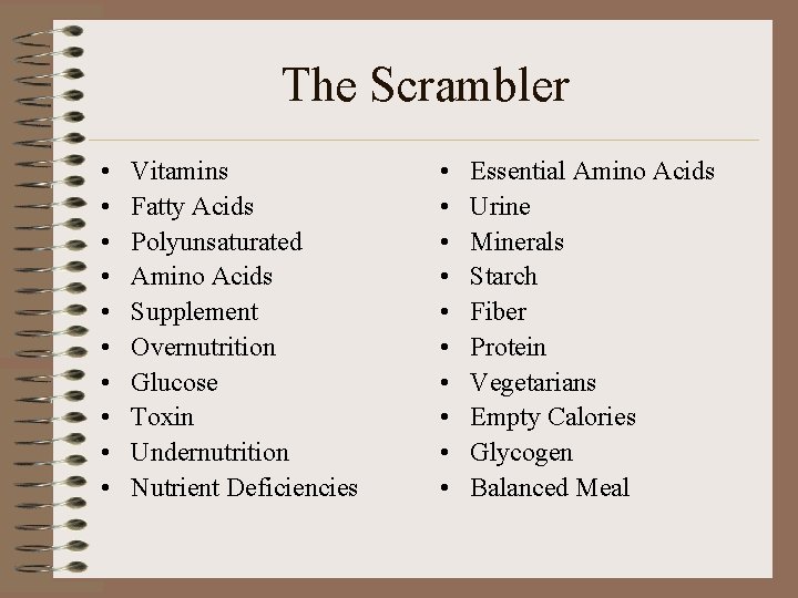 The Scrambler • • • Vitamins Fatty Acids Polyunsaturated Amino Acids Supplement Overnutrition Glucose
