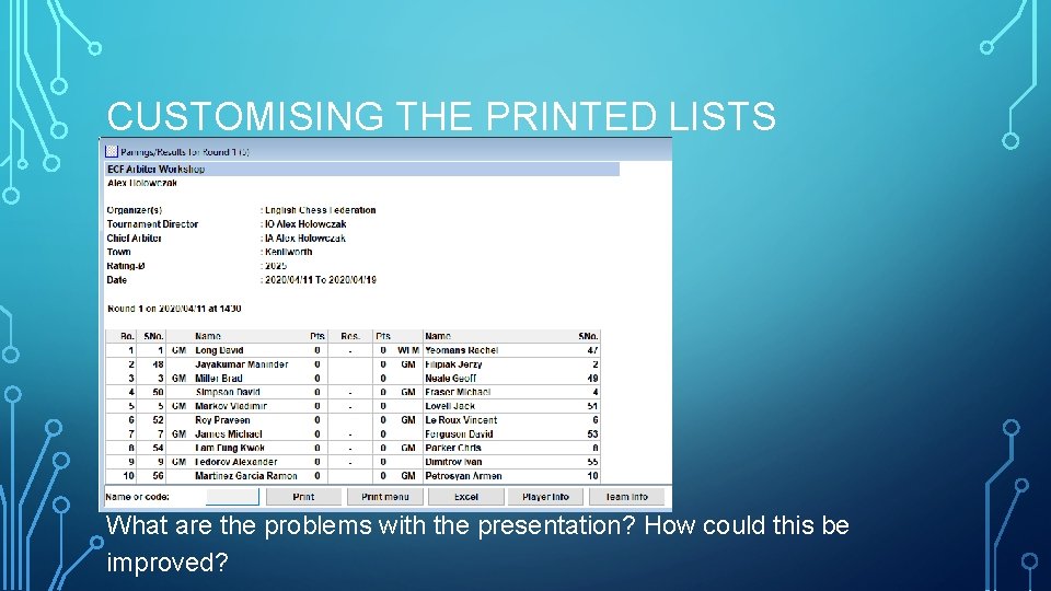 CUSTOMISING THE PRINTED LISTS What are the problems with the presentation? How could this