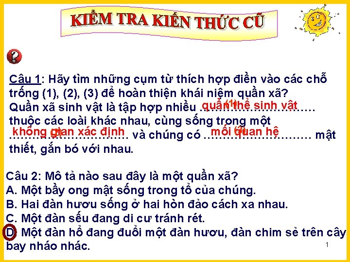 Câu 1: Hãy tìm những cụm từ thích hợp điền vào các chỗ trống