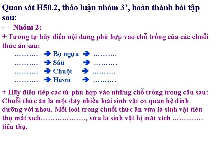 Quan sát H 50. 2, thảo luận nhóm 3’, hoàn thành bài tập sau: