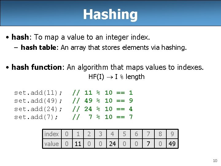 Hashing • hash: To map a value to an integer index. – hash table: