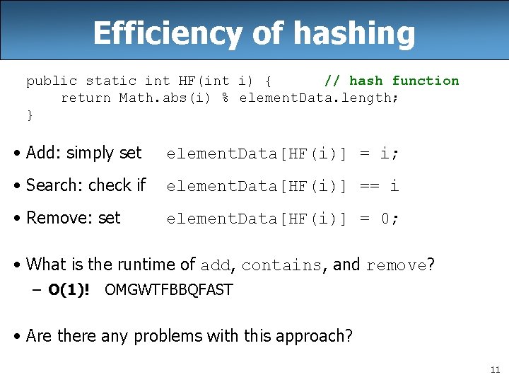Efficiency of hashing public static int HF(int i) { // hash function return Math.