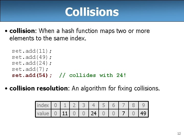 Collisions • collision: When a hash function maps two or more elements to the