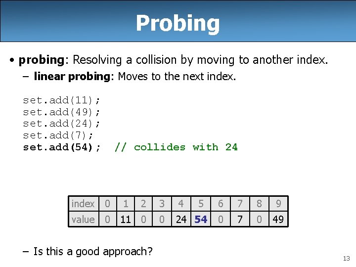 Probing • probing: Resolving a collision by moving to another index. – linear probing: