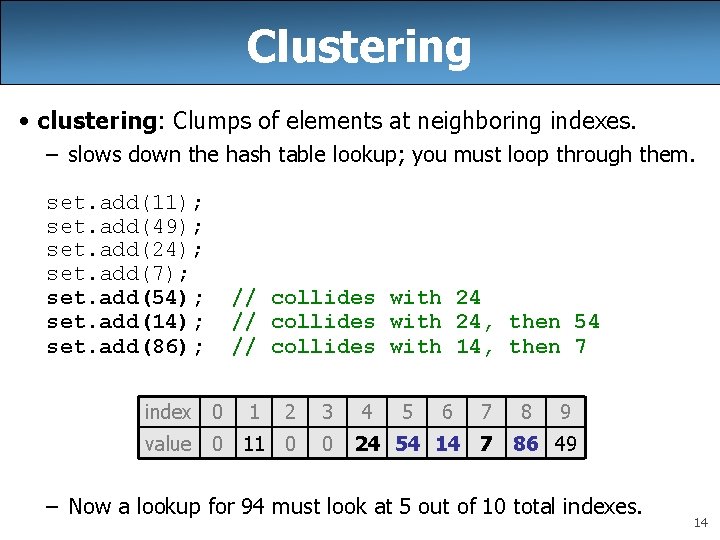 Clustering • clustering: Clumps of elements at neighboring indexes. – slows down the hash