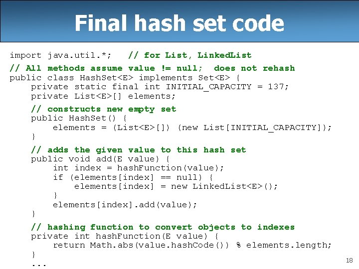 Final hash set code import java. util. *; // for List, Linked. List //