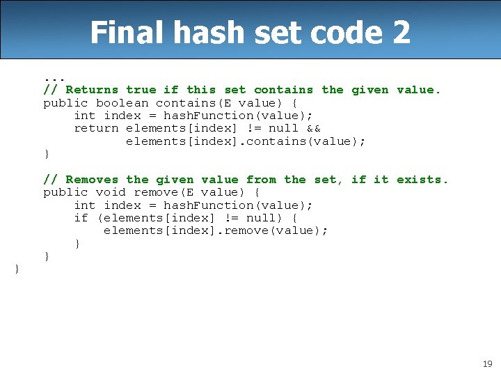 Final hash set code 2. . . // Returns true if this set contains