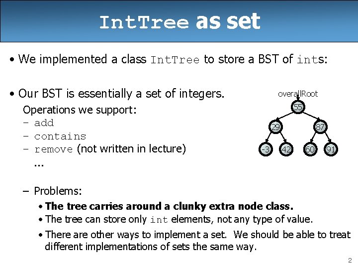 Int. Tree as set • We implemented a class Int. Tree to store a