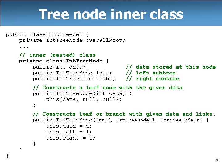 Tree node inner class public class Int. Tree. Set { private Int. Tree. Node