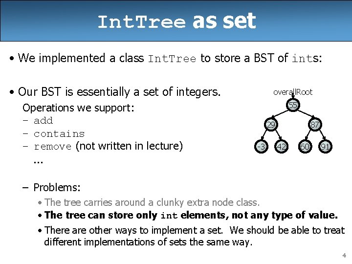 Int. Tree as set • We implemented a class Int. Tree to store a