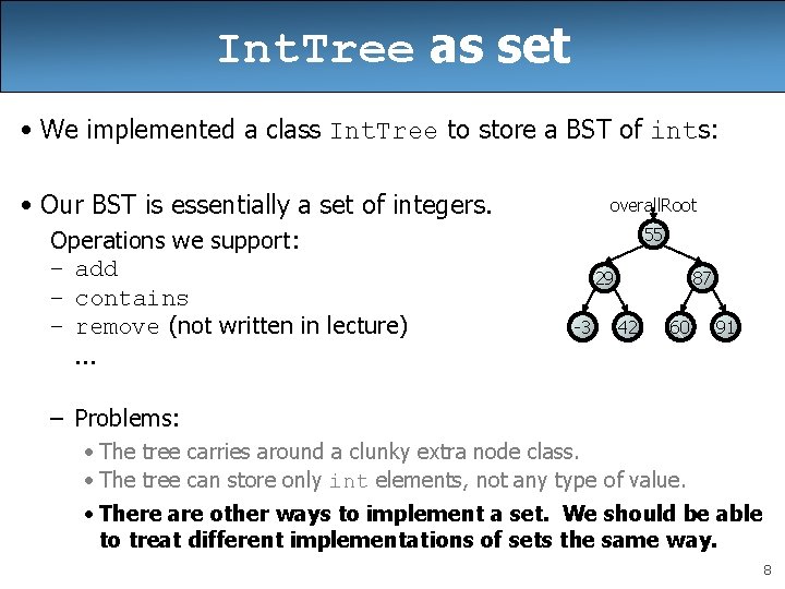 Int. Tree as set • We implemented a class Int. Tree to store a